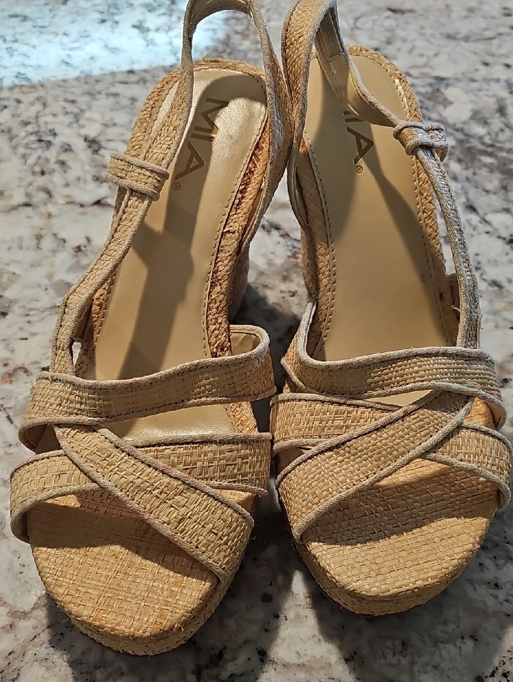 MIA Beige Woven Slingback Wedge Sandals